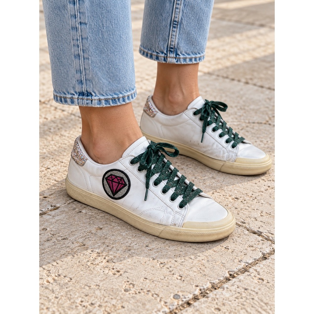 Saint Laurent Court Classic Diamond Patch Glitter Sneakers White US 8